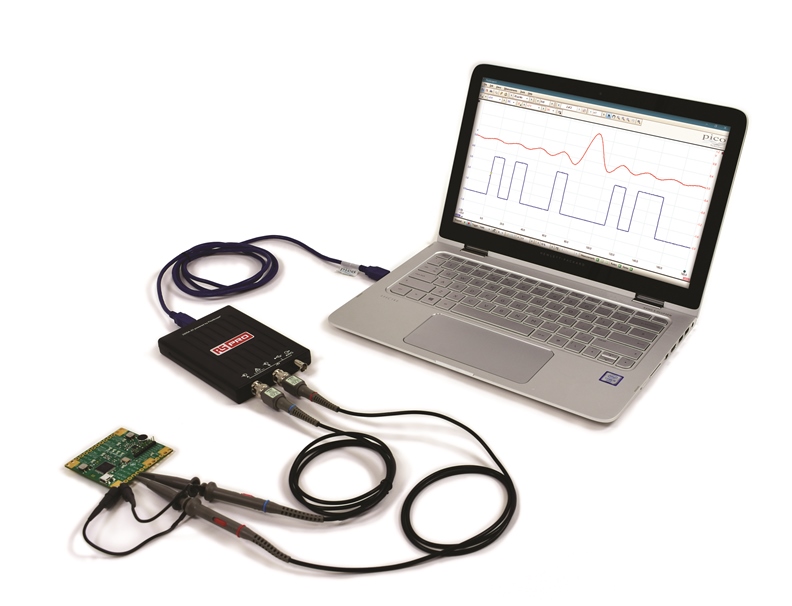 RS Pro 2205A-20 pocket-sized 20 MHz oscilloscope in use with probes