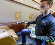 Spraying is part of a three-step antimicrobial shielding process to protect aviation passengers and crew from viruses